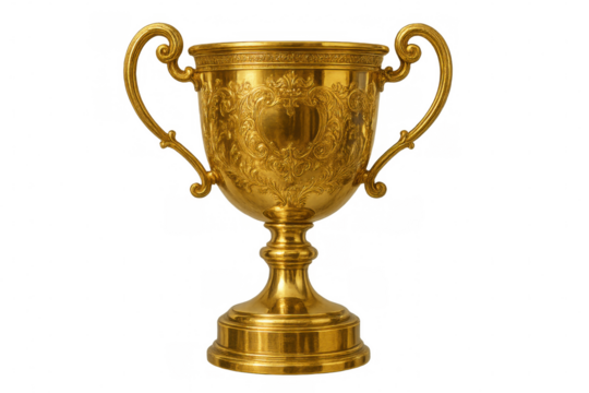 Ornate gold trophy cup representing victory, achievement, and success, isolated on transparent background