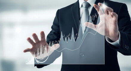 A businessman in a suit gestures towards a holographic financial chart, representing market analysis and business growth with modern technology.