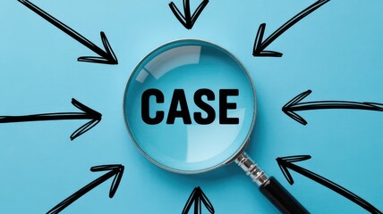 Magnifying glass focuses on the word CASE surrounded by arrows pointing inward, symbolizing research and analysis