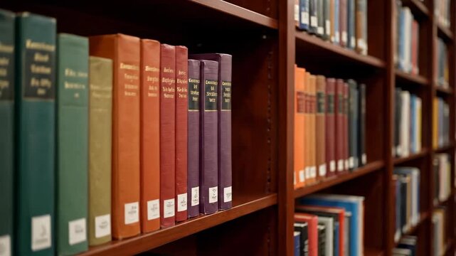 A smooth cinematic camera glides gracefully across an expansive, neatly organized library bookshelf filled with diverse, colorful book spines wisdom, culture, learning