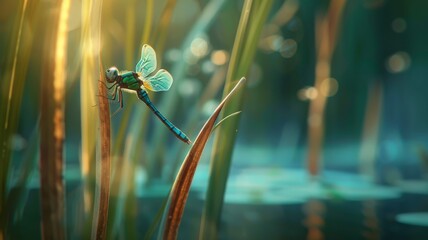 A close-up shot of a vibrant green dragonfly perched delicately on a blade of tall grass near water, bathed in soft golden light.