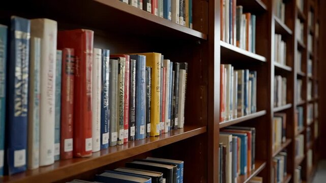 A smooth cinematic camera glides gracefully across an expansive, neatly organized library bookshelf filled with diverse, colorful book spines academy, education, orderly