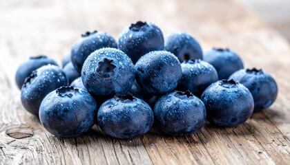 A heap of fresh ripe blueberries on a rustic wooden background, covered with tiny water droplets that highlight their juicy texture.