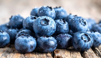 A heap of fresh ripe blueberries on a rustic wooden background, covered with tiny water droplets that highlight their juicy texture.