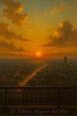 Fototapeta premium Sunset view over city skyline with golden clouds and warm light 