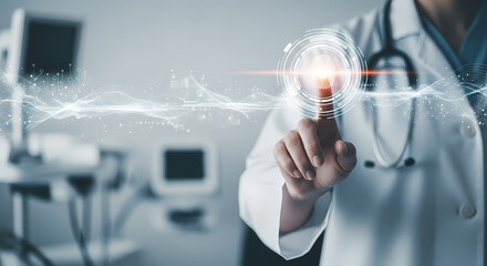 A doctor uses futuristic technology, touching a digital interface with a glowing effect, symbolizing medical innovation and healthcare advancement.