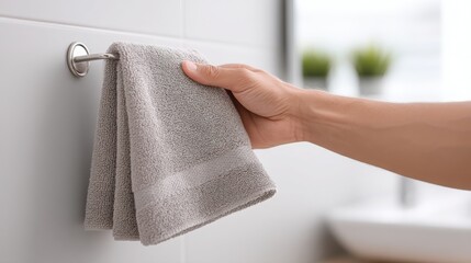 minimalist student apartment A hand reaching for a gray towel hanging on a bathroom wall.