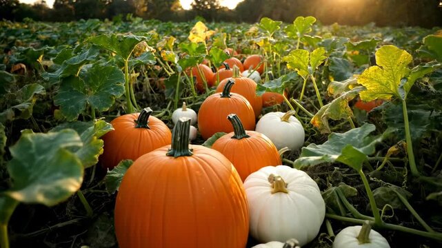 A smooth cinematic dolly shot glides forward through a dense pumpkin patch, revealing an abundance of various orange and white gourds nestled among lush green leaves garden, rural, field