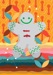 Retro 70s Background with Gingerbread Man Christmas Cookie. Groovy Bakery 1970s art template. Minimalistic Vintage design poster. Old-fashioned color artwork.