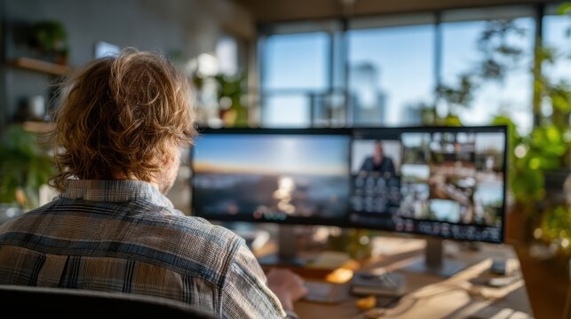 A modern accountant conducting a virtual consultation with a client online.