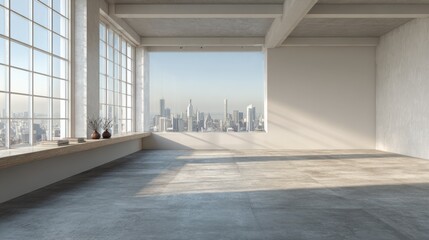 empty loft room with white walls city view and concrete floor 3d render no logos no brands ar 169