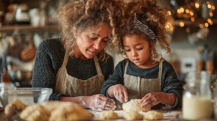 A parent and child measuring ingredients together in a kitchen setting.