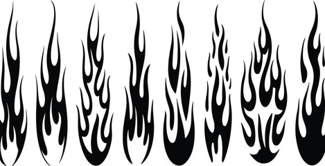 Black tribal flame vector silhouettes, fiery tattoo shapes, bold burning fire icons for motorcycle decals and graphic design elements