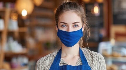young woman with face mask working in cafe serving customers no logos no brands ar 169
