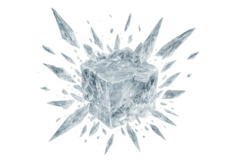 Ice cube shattering, fragmenting into sharp shards, concept of breaking, cold, frozen, clear, and transparency