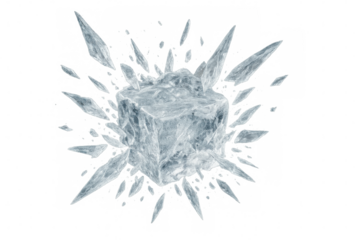 Ice cube shattering, fragmenting into sharp shards, concept of breaking, cold, frozen, clear, and transparency