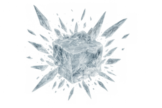 Ice cube shattering, fragmenting into sharp shards, concept of breaking, cold, frozen, clear, and transparency