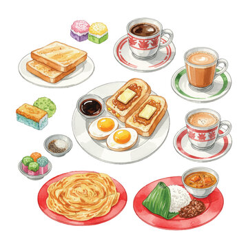 watercolor kopitiam breakfast collection illustration