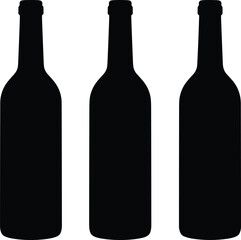 Set of three wine bottle silhouettes, black vector design, beverage container outline, alcohol drink packaging, product mockup, minimalist graphic illustration