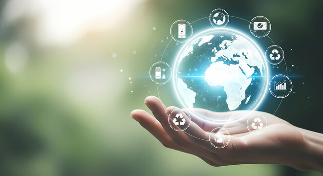 A person's hand cradles a glowing globe surrounded by digital icons, symbolizing global technology and environmental consciousness.