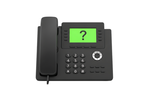 Illustration of black office telephone with a green screen displaying a question mark, isolated on transparent background on transparent background