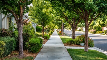 Suburban sidewalk with tree lined residential street showing peaceful neighborhood atmosphere and well maintained community environment, residential development and community living lifestyle.