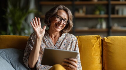 happy 60s older mature middle aged adult woman waving hand holding digital tablet computer video conference calling by social distance virtual family online chat meeting sitting on couch at home no l