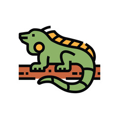 A green lizard rests on a brown log black outline orange and yellow accents