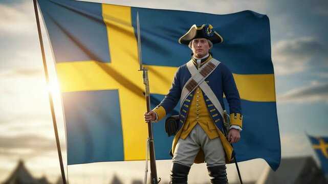 Historical Swedish soldier in traditional blue and yellow uniform holding a musket, standing proudly in front of a large waving Swedish flag at sunrise.