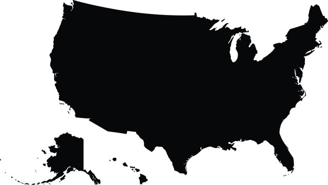United States map silhouette, USA outline with Alaska and Hawaii, black vector design, geographic illustration, country shape graphic for education