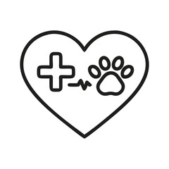 A heart outline contains a plus sign a squiggly line and a paw print outline