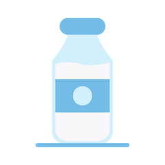 A light blue stylized milk bottle filled with milk and a blue label is set on a light blue base