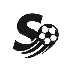 Obraz premium Modern letter S sports logo design with dynamic soccer ball and swoosh motion, professional athletic brand identity, creative football emblem, and team symbol vector illustration, volly ball logo,