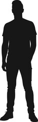 Standing human silhouette, male figure outline, casual posture, vector avatar design, black shape illustration, fashion sketch, people icon graphic