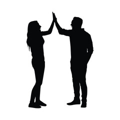 Silhouette of Happy Man and Woman Giving High Five, Celebrating Success, Teamwork, and Achievement, Isolated on White