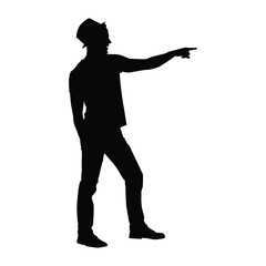 Silhouette of Stylish Man in Hat Pointing Finger to the Side, Indicating Direction, Location, or Future Vision