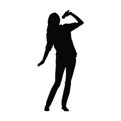Silhouette of Female Singer or Karaoke Performer Holding Microphone and Singing Passionately, Isolated on White Background