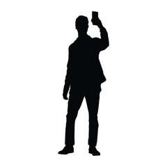 Silhouette of Man Taking a Selfie or Recording Video with Smartphone Held High Above Head, Isolated on White Background