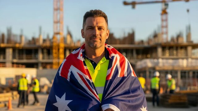 Proud adult Caucasian man in high-visibility shirt draped with Australian flag standing at a construction site during sunset