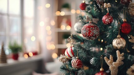 winter holidays new year and celebration concept green artificial christmas tree decorated with toys at home no logos no brands ar 169