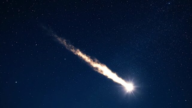 Bright comet streaking across dark night sky with fiery trail