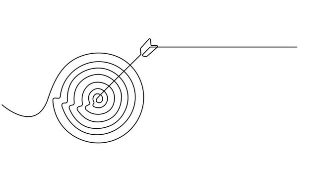 Animation video Continuous one line drawing of arrow in center of target. Strategic marketing or business concept, Continuous one line drawing of target with arrow hitting the center. 
