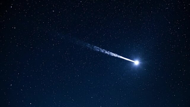 Bright comet streaking across dark night sky with starfield background
