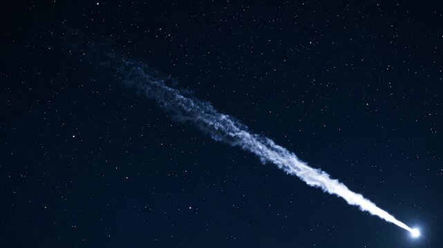 Bright comet streaking across dark night sky with trail of light