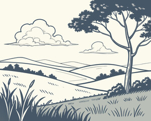 Fototapeta premium Illustration of a serene landscape with rolling hills and a solitary tree