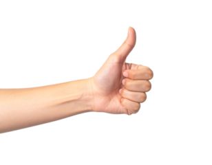 A close-up shot of a single hand giving a thumbs-up gesture (like/approval/great) against a clean, light gray background, providing copy space.