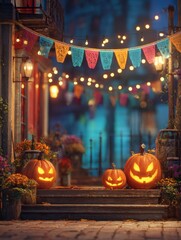 Obraz premium a festive halloween scene with carved pumpkins colorful banners and glowing lights the atmosphere is cheerful and inviting perfect for celebrations