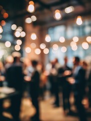 Fototapeta premium a blurred shot of business people networking at an office party with soft lighting and bokeh effects creating a warm social atmosphere