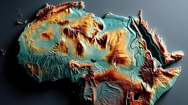 Detailed Topographic Map of Africa Continent with Shaded Relief.