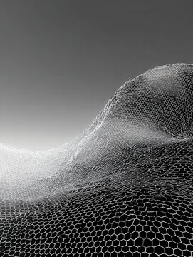 abstract wireframe wave with varied hexagons on gradient gray scientific backdrop